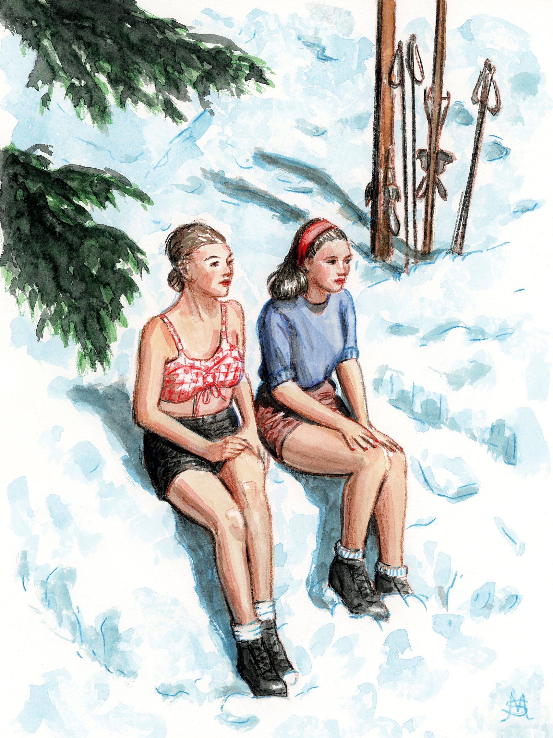 Skiers resting on ski slope, vintage image of two women in snow| © Sarah Morrissette