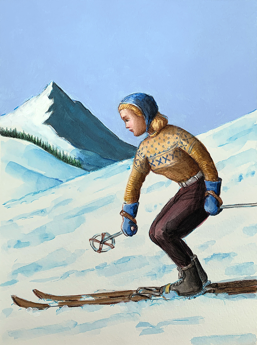 Woman downhill skiing with vintage fashion and vintage skis | © Sarah Morrissette