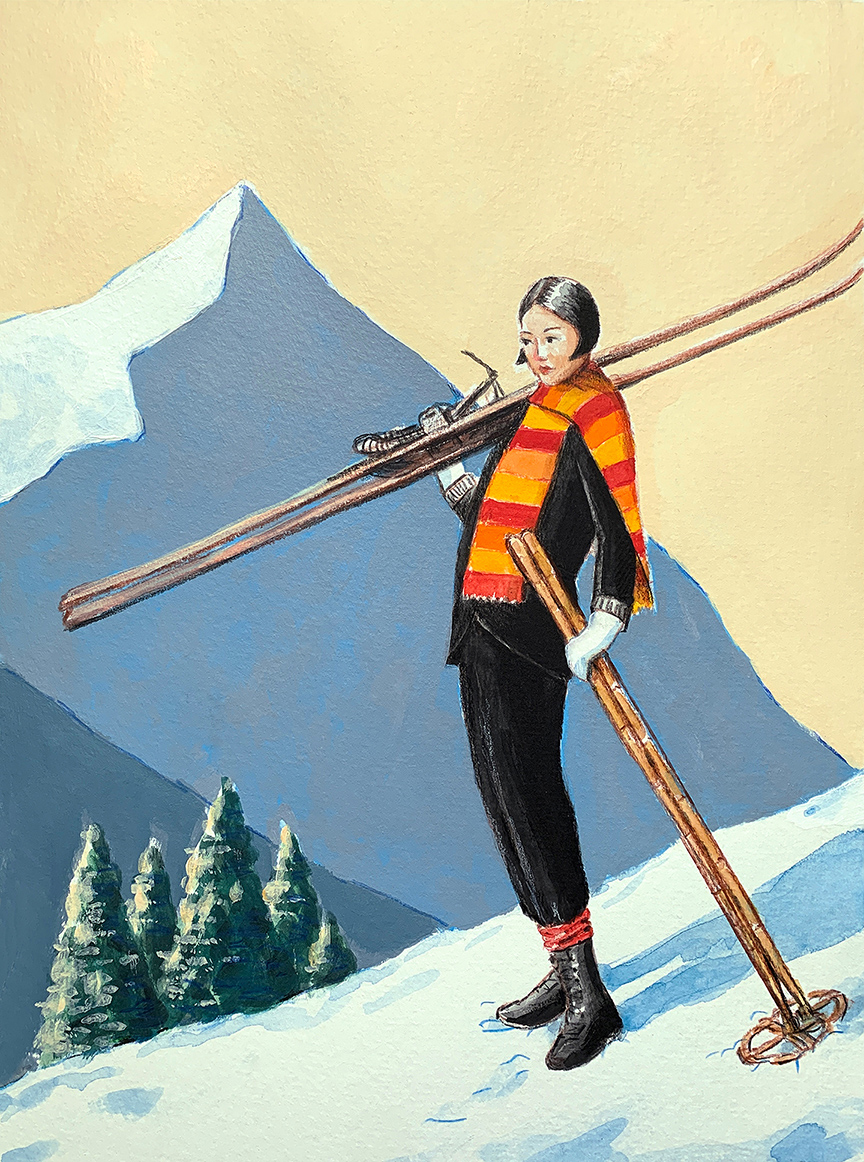 Woman posing with vintage skis on ski slope | © Sarah Morrissette