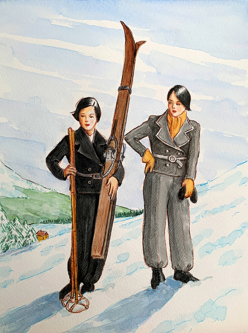 Two women posing on ski slope with vintage skis | © Sarah Morrissette